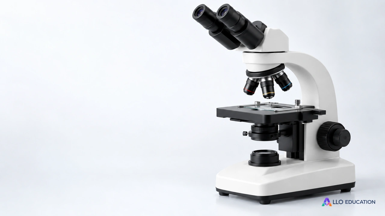 Un microscope optique de laboratoire, seul et sans marquage, sur fond clair.