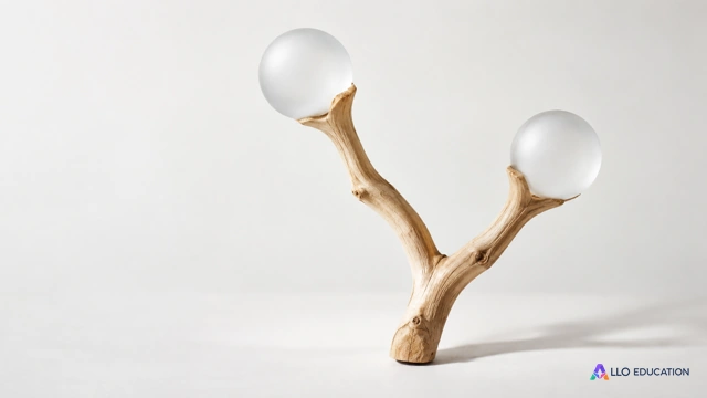 Branche de bois divisée en deux, avec deux sphères de verre dépoli.