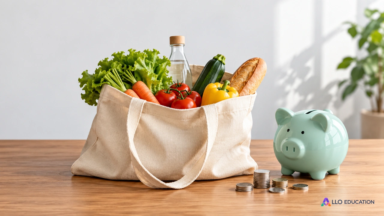 Un sac de courses et une tirelire illustrent le choix entre consommation présente et épargne pour un projet.