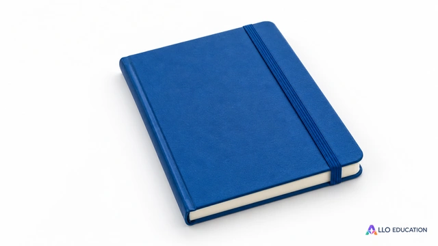 Un carnet personnel bleu fermé par une bande élastique, sans note visible.