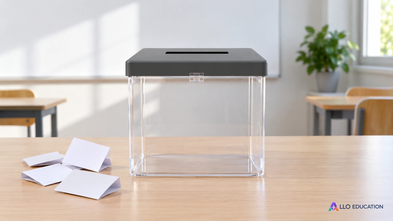 Urne de vote et bulletins anonymes pour évoquer la représentation des élèves.