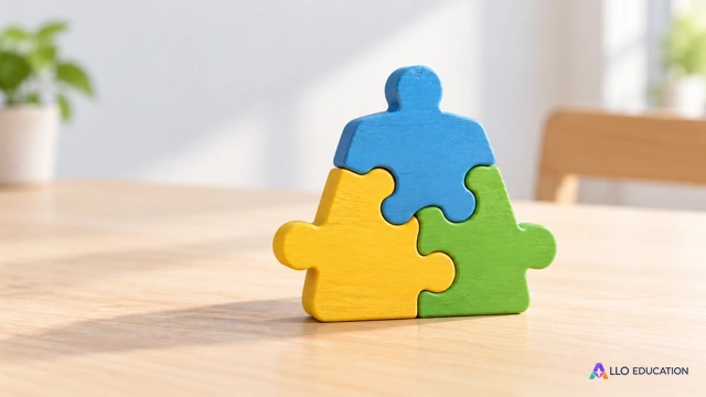 Des pièces de puzzle en bois coloré assemblées sur une table claire.