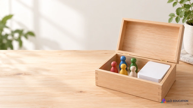 Une boîte ouverte contenant quelques pions de jeu génériques sur une table claire.