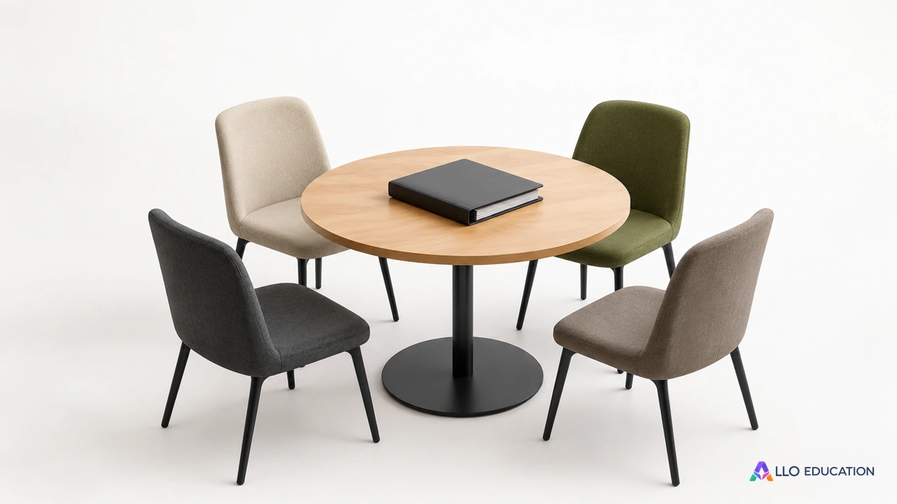 Une petite table ronde entourée de sièges de couleurs sobres avec un dossier fermé au centre, mobilier entier isolé sur fond clair, sans emblème ni inscription.