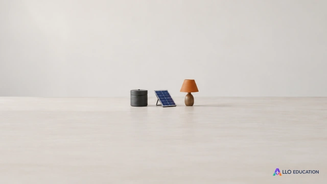 Un petit réservoir fermé, un panneau solaire et une lampe évoquent ressources, conversion et usage.