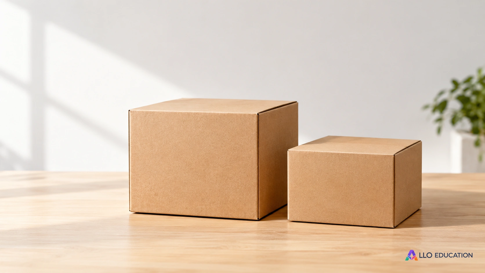 Deux colis en carton uni et sans étiquette sur une surface d'atelier.