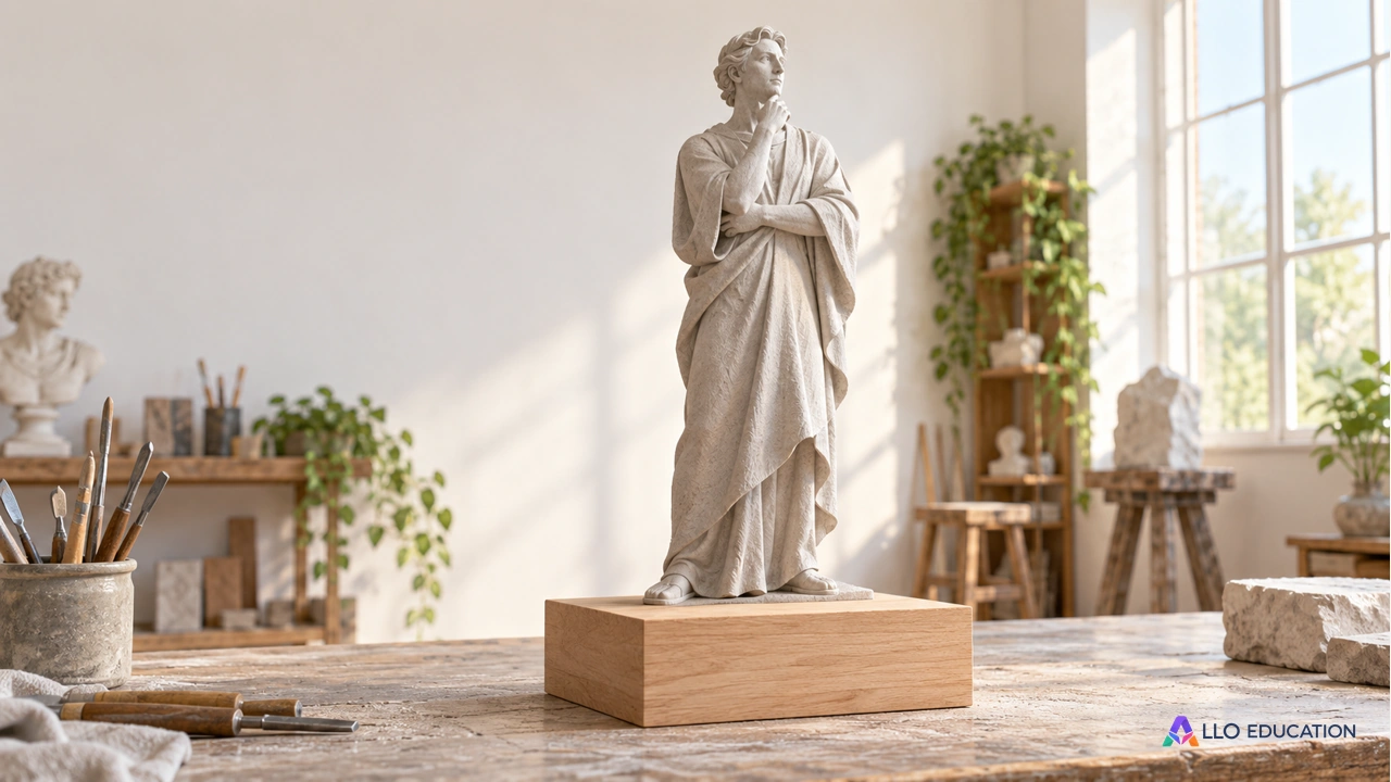 Une sculpture miniature neutre repose sur un socle de bois clair.