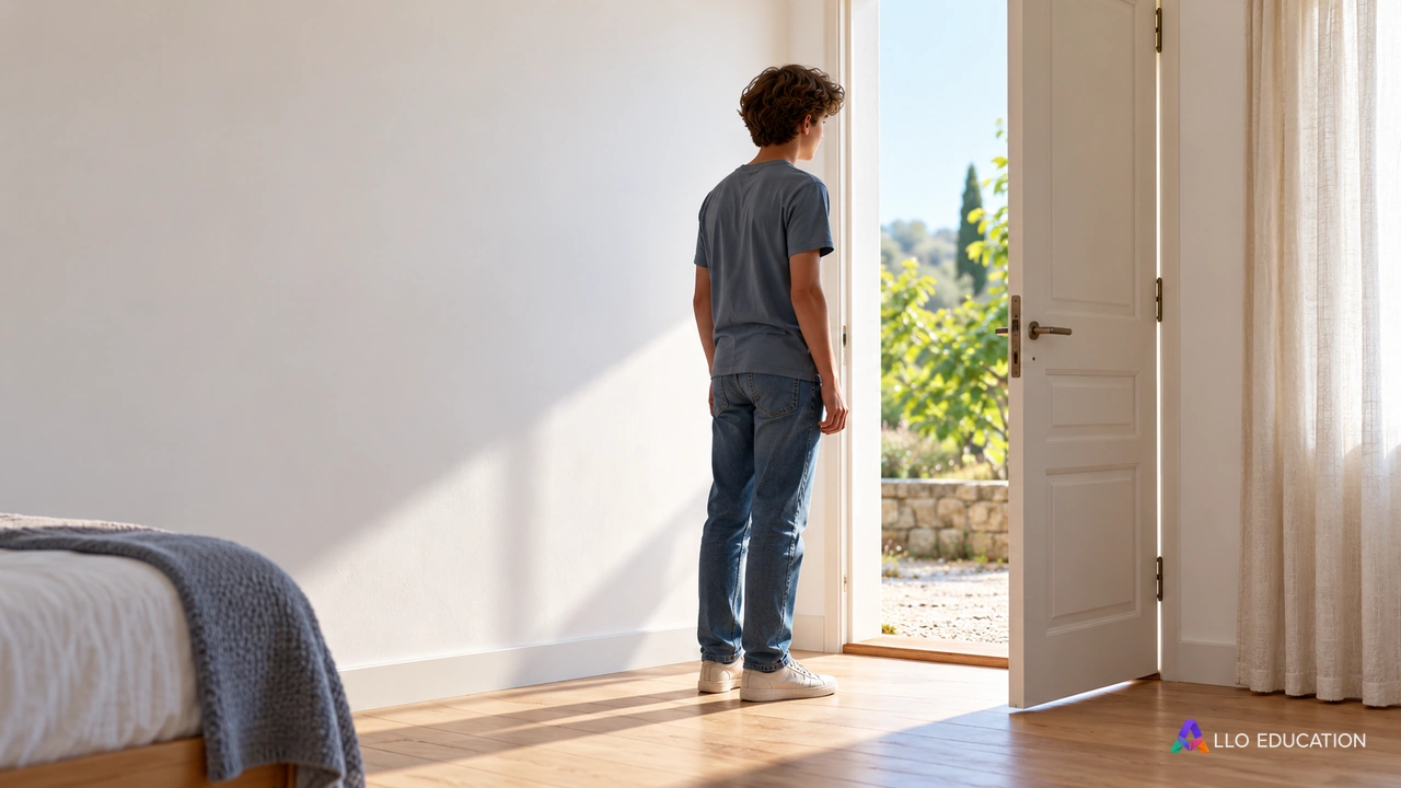 Un adolescent fictif immobile se tient près d’une porte entrouverte et d’un rideau clair.