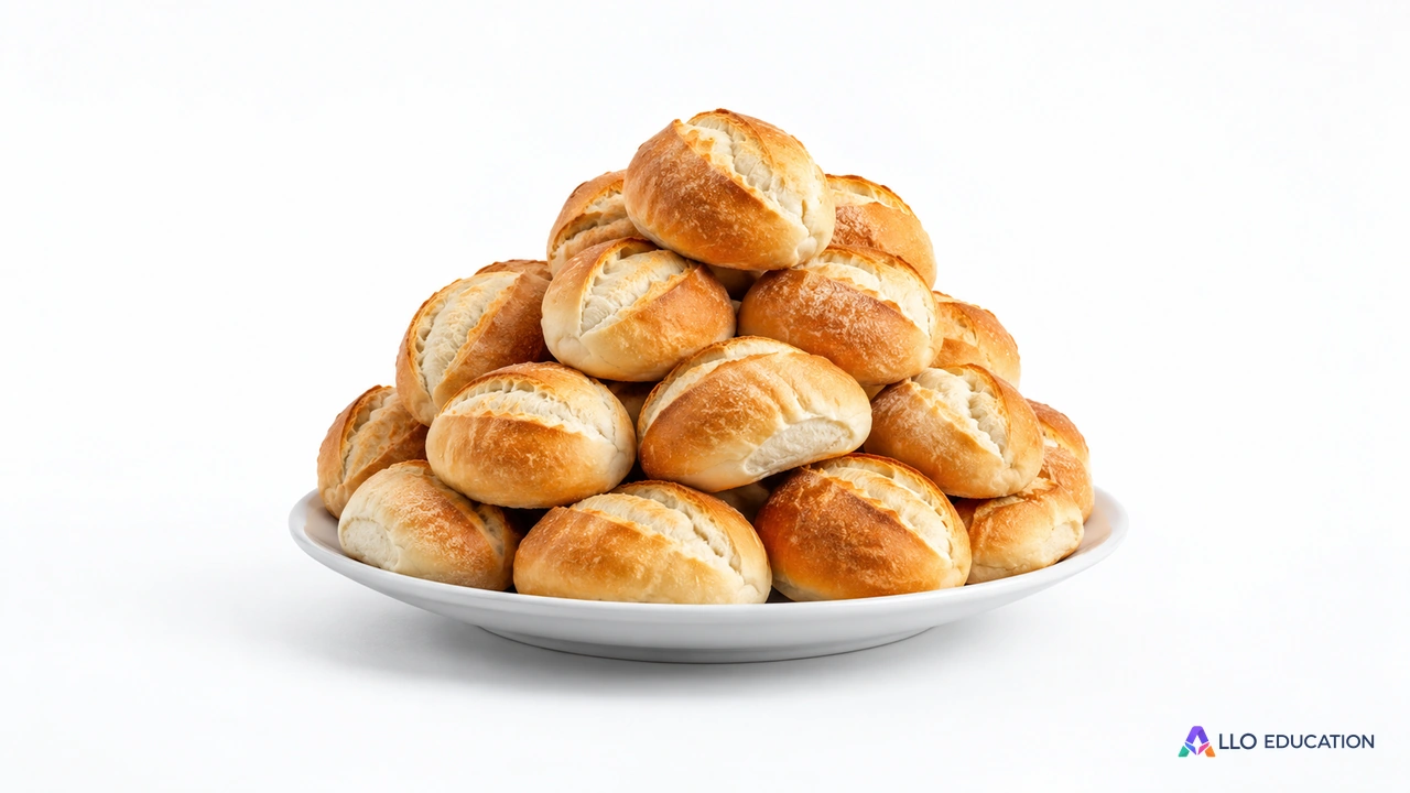 Une assiette porte une pile volontairement excessive de petits pains.