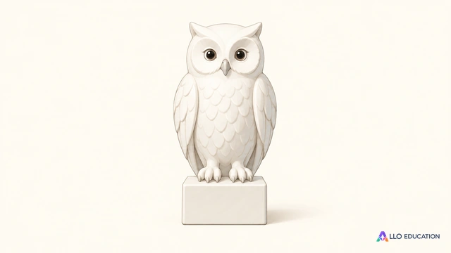Une petite statue fictive de hibou blanc, entière sur son socle uni et un fond clair.