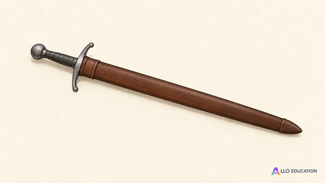 Une épée simple dans son fourreau, posée sur un fond clair.