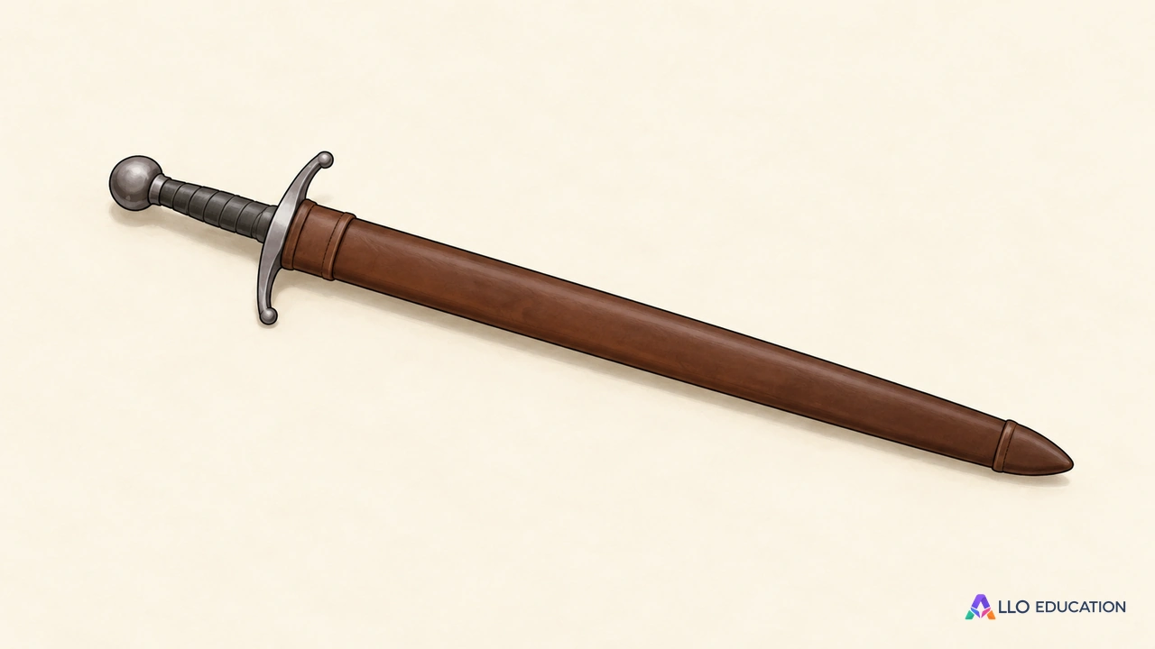 Une épée simple dans son fourreau, posée sur un fond clair.
