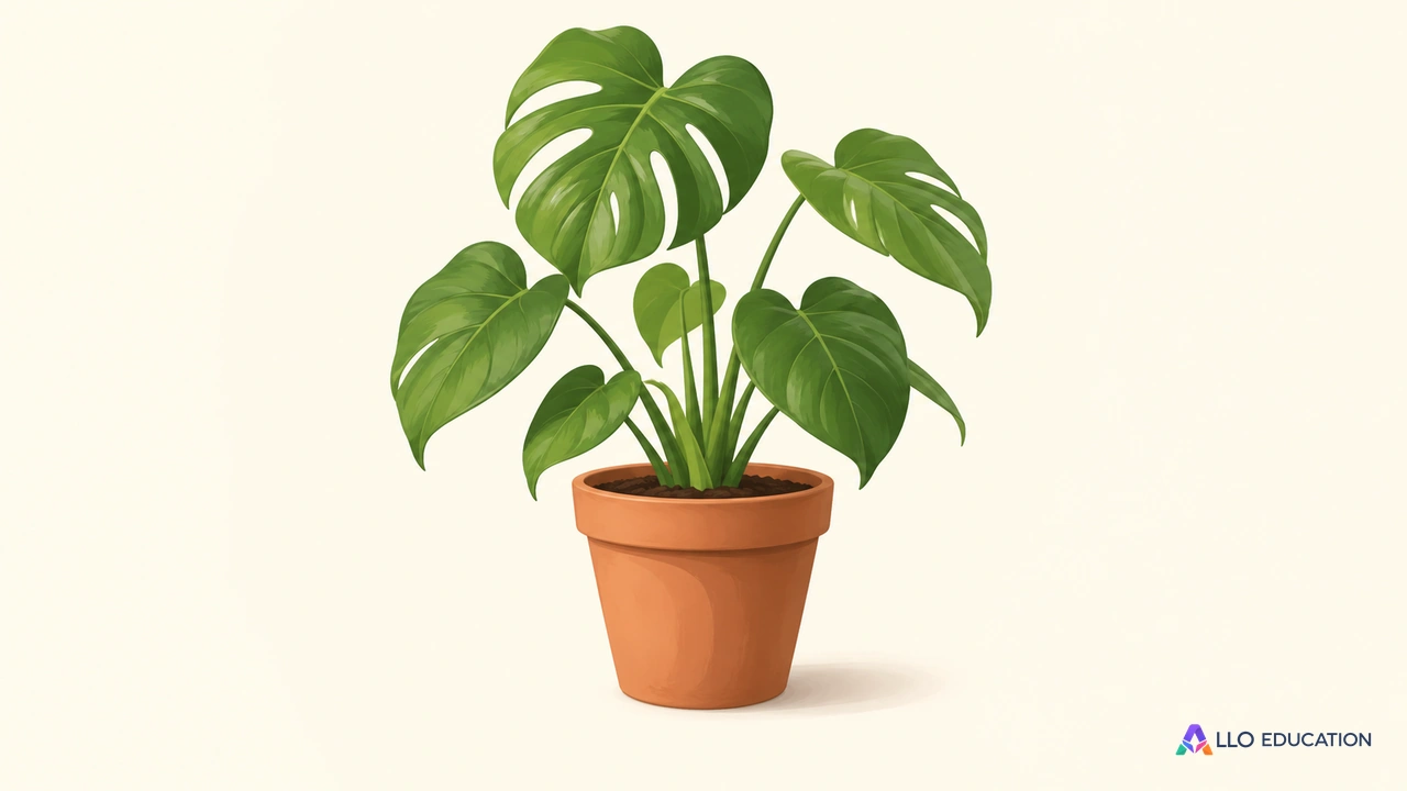 Une plante verte entière dans un pot de terre cuite, isolée sur un fond clair.