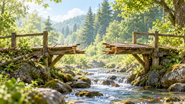 Une petite passerelle interrompue au-dessus d’un ruisseau, des branches à proximité.
