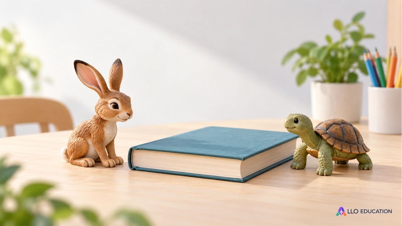 Deux petites figurines de lièvre et de tortue, posées près d’un livre fermé sans inscription, sur une table claire.