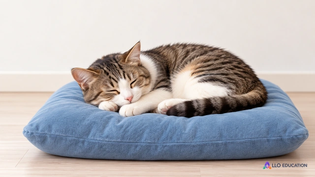 Chat fictif endormi sur un coussin uni, sur fond clair.