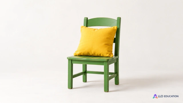 Un coussin jaune posé sur une petite chaise verte en bois, seul sujet sur un fond clair.