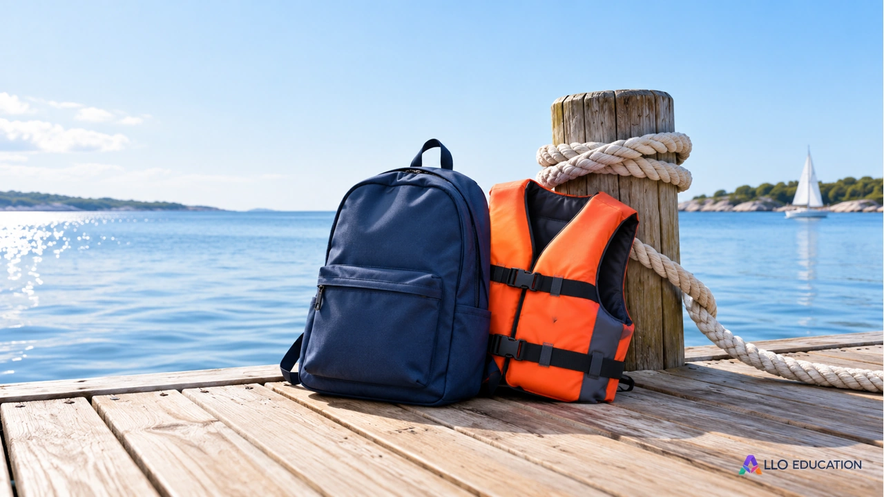 Un sac d’écolier et un gilet de sauvetage sur un ponton.