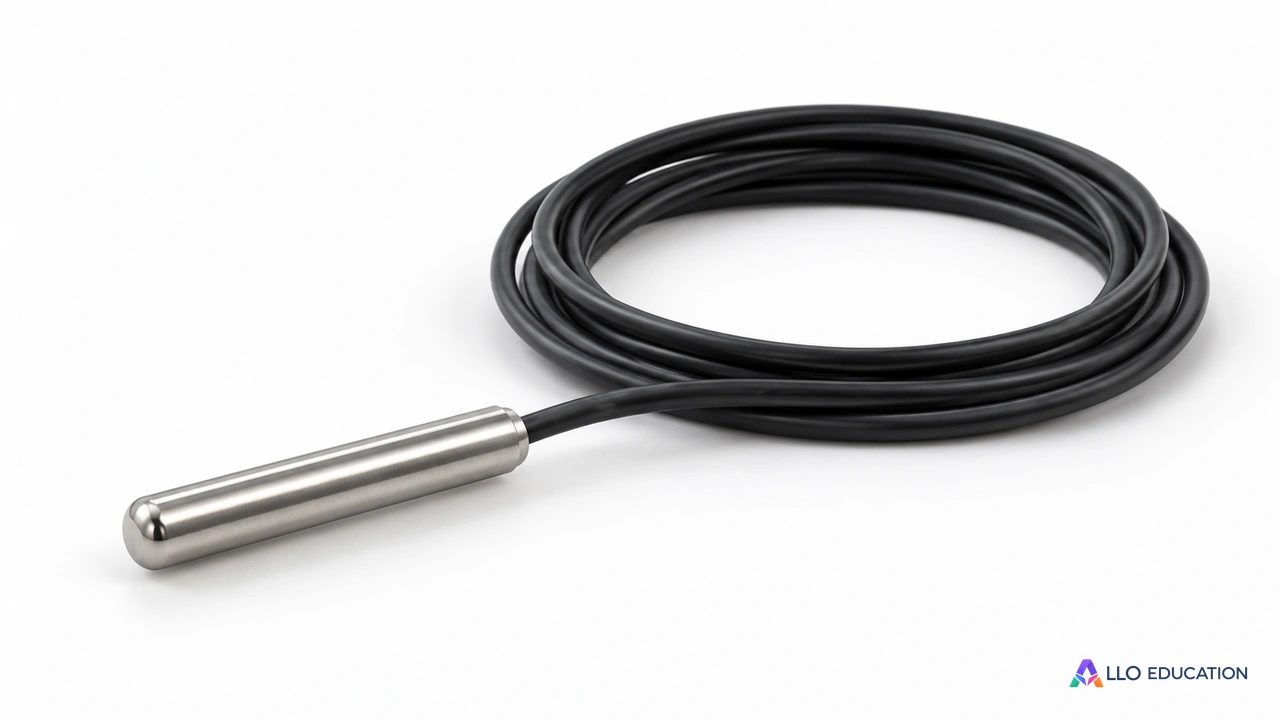 Une petite sonde métallique de température avec son câble, isolée sur fond clair.