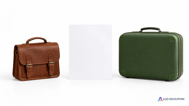 À gauche un petit cartable de cuir brun fermé sans marque ; au centre une feuille blanche vierge ; à droite une valise de voyage verte fermée sans marque