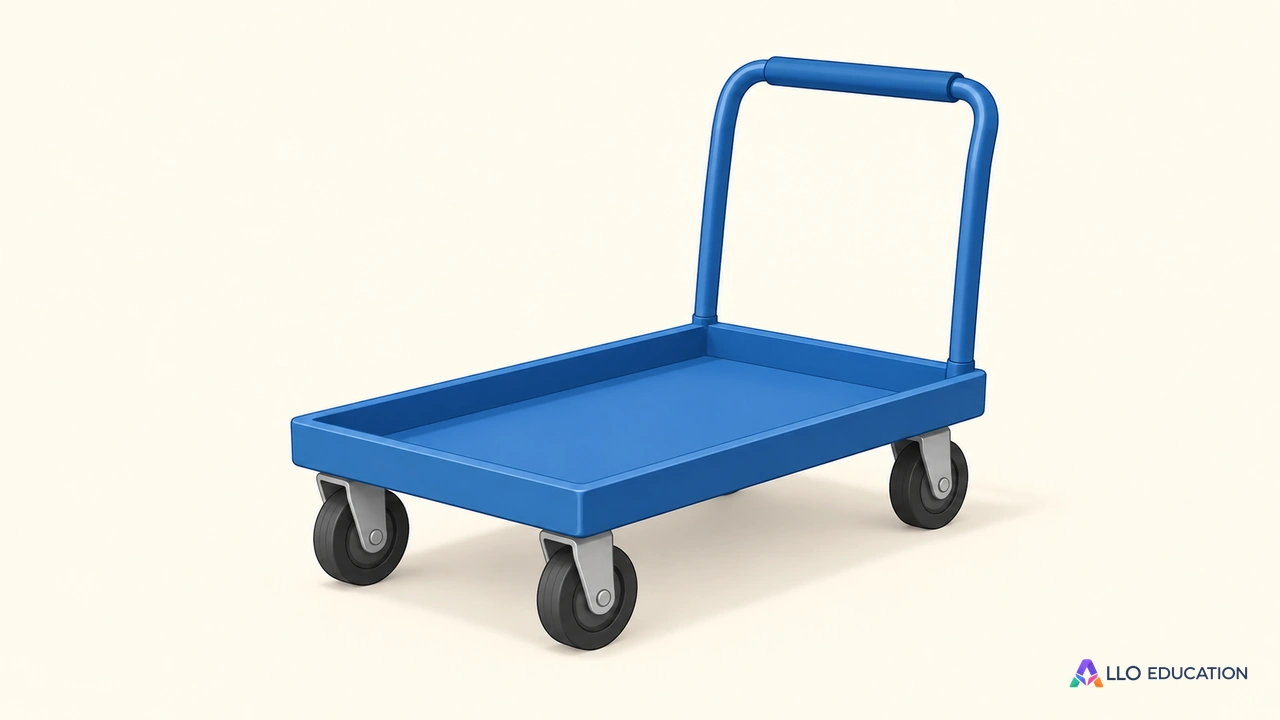 Un petit chariot bleu entier à plateau vide et roulettes visibles, sans inscription.