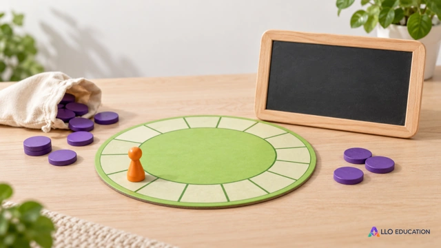 Jeu scolaire fictif avec un pion orange, des jetons et une ardoise vierge pour évoquer le calcul d’une variation.