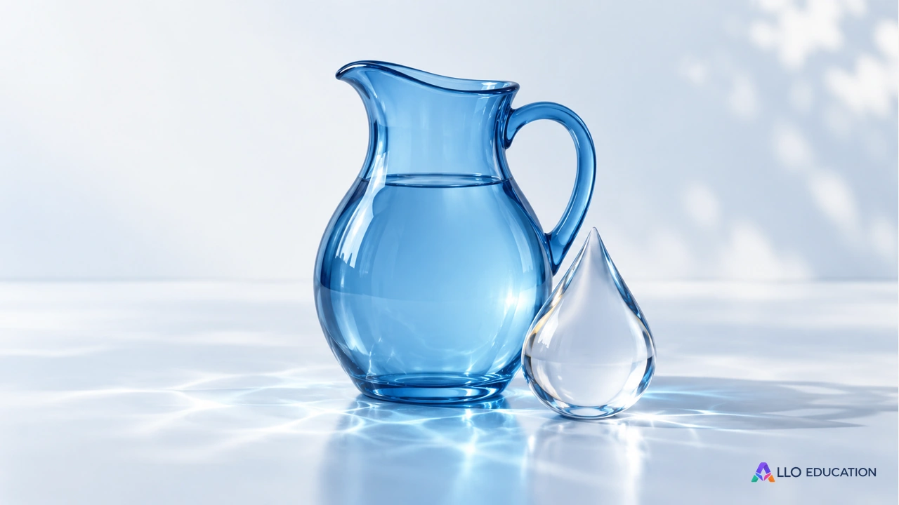Une carafe bleue et une goutte d’eau sur fond clair.
