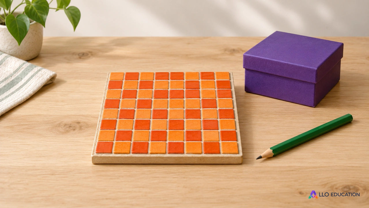 Tesselles orange, boîte violette fermée et crayon vierge pour évoquer le calcul à partir d’un carré.