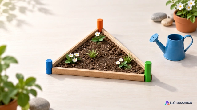 Trois piquets colorés entourent un petit jardin triangulaire, avec des fleurs et un arrosoir.