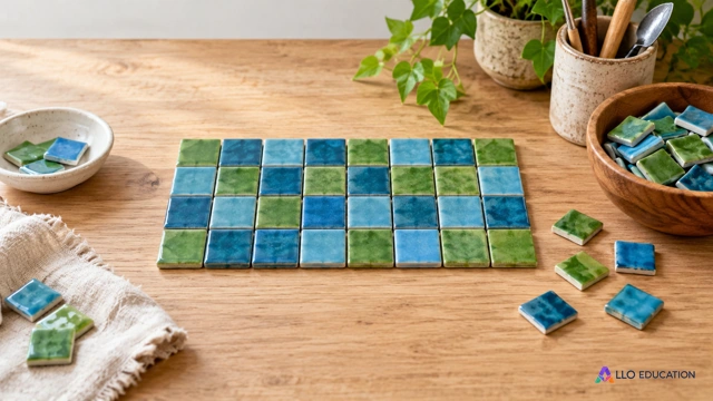 Carreaux de mosaïque et assemblage rectangulaire pour évoquer une surface à mesurer.