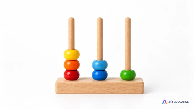 Un petit compteur de bois à trois tiges et perles colorées, sans quantité numérique à interpréter.