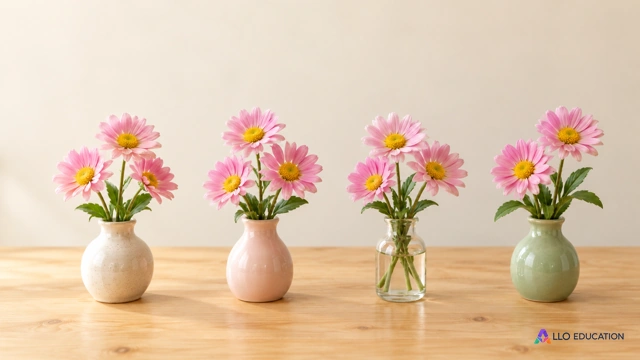 Petits vases fleuris sur une table d’atelier.