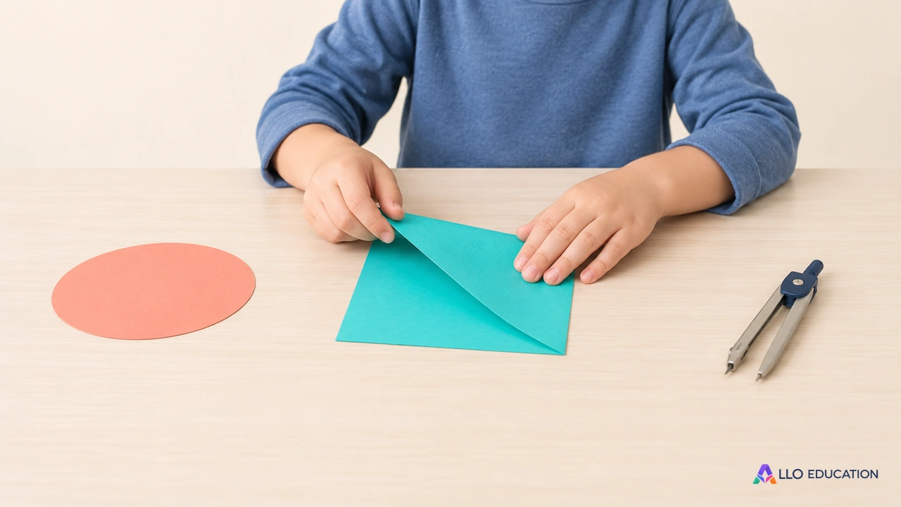 Papier plié, disque de papier et compas dans un atelier de tracé.