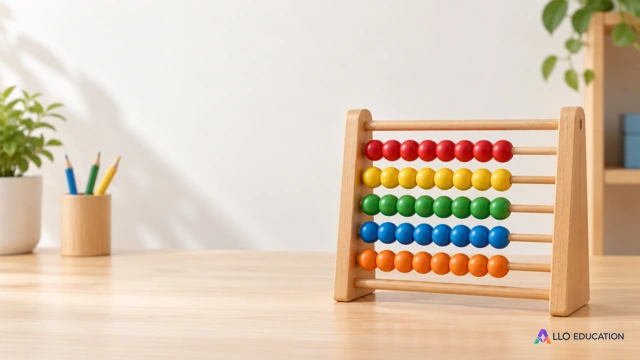 Un boulier de bois uni avec ses rangées de perles colorées.