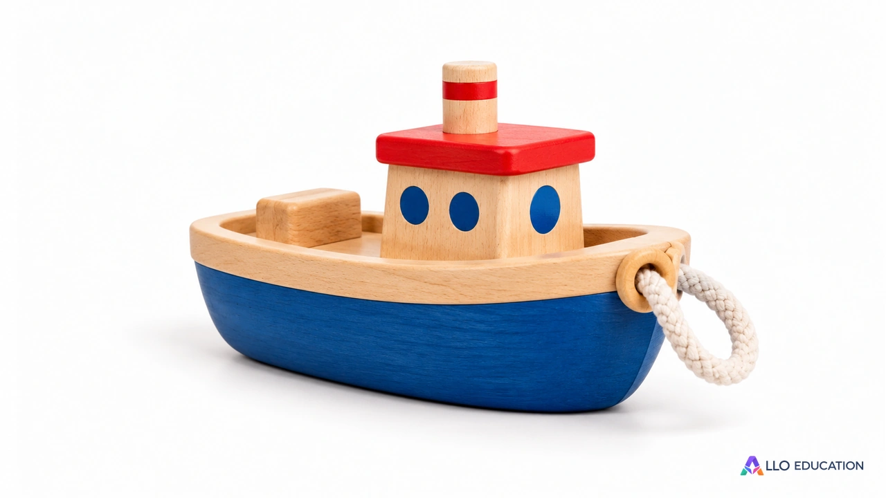 Petit bateau jouet de bois avec un anneau d’amarrage, sur fond clair.