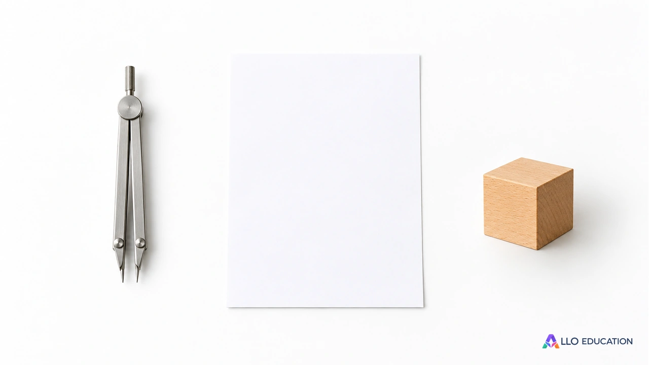 À gauche un compas métallique fermé sans graduations ; au centre une feuille blanche vierge ; à droite un petit cube en bois uni sans inscription