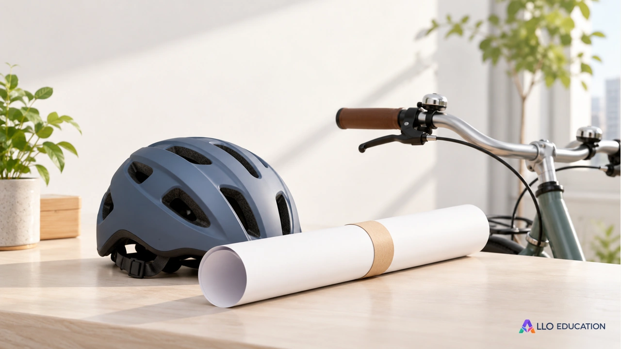 Un casque, une affiche vierge enroulée et un guidon de vélo sur un comptoir.