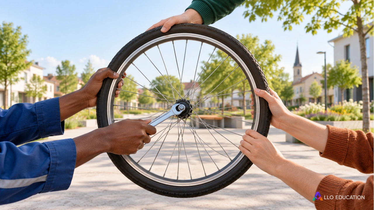 Une roue de vélo tenue et réparée par plusieurs mains dans un quartier.