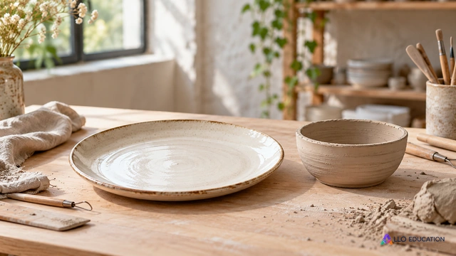 Une assiette artisanale finie et une pièce encore brute sur une table de céramiste évoquent les ressources et le savoir-faire d’une entreprise.