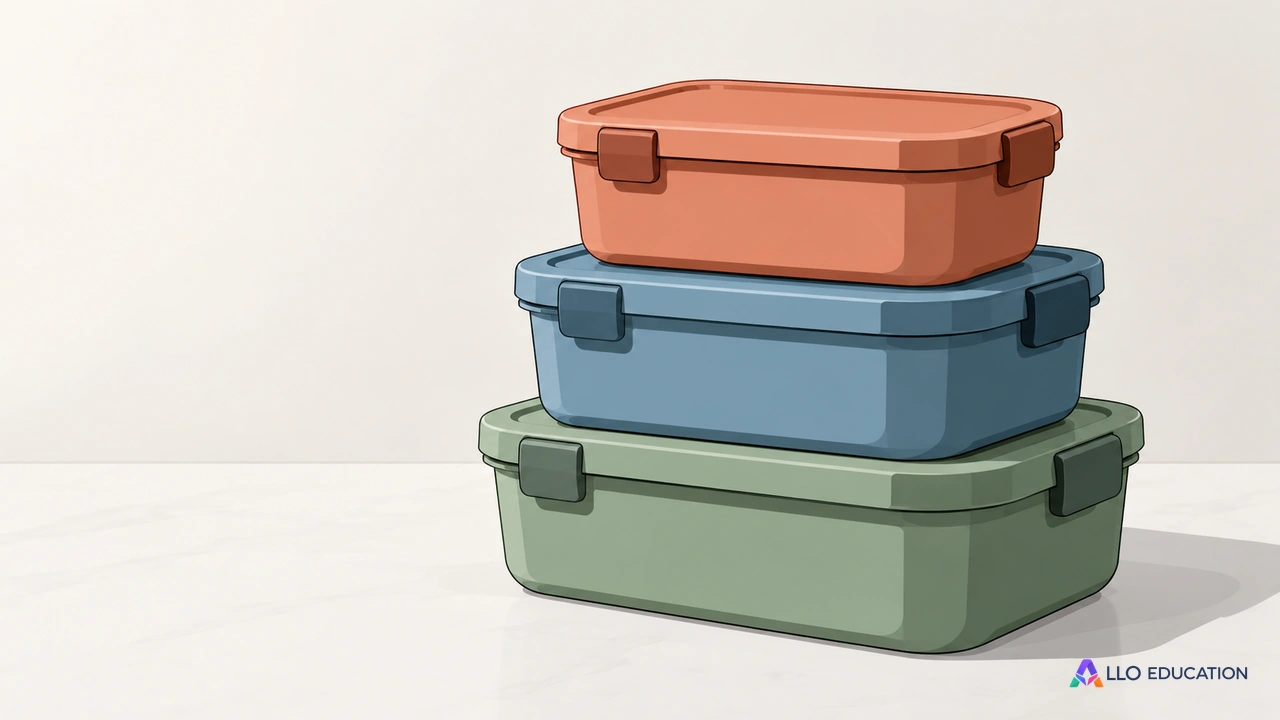 Une pile de boîtes réutilisables unies évoque le service de repas et la réduction des déchets.