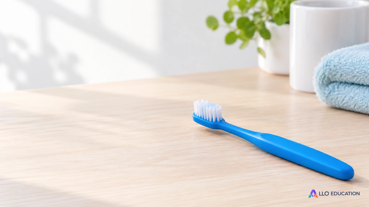 Une brosse à dents bleue unie posée sur une table claire.