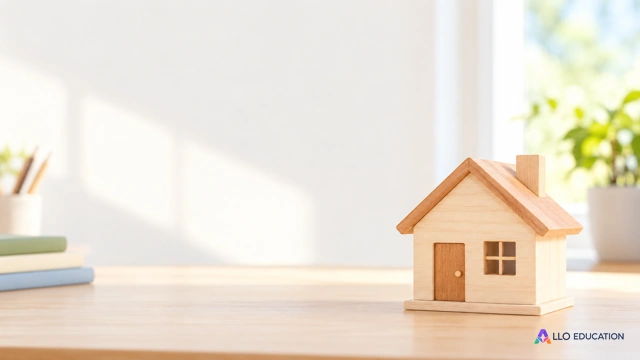 Une petite maison miniature en bois clair sur une table lumineuse.
