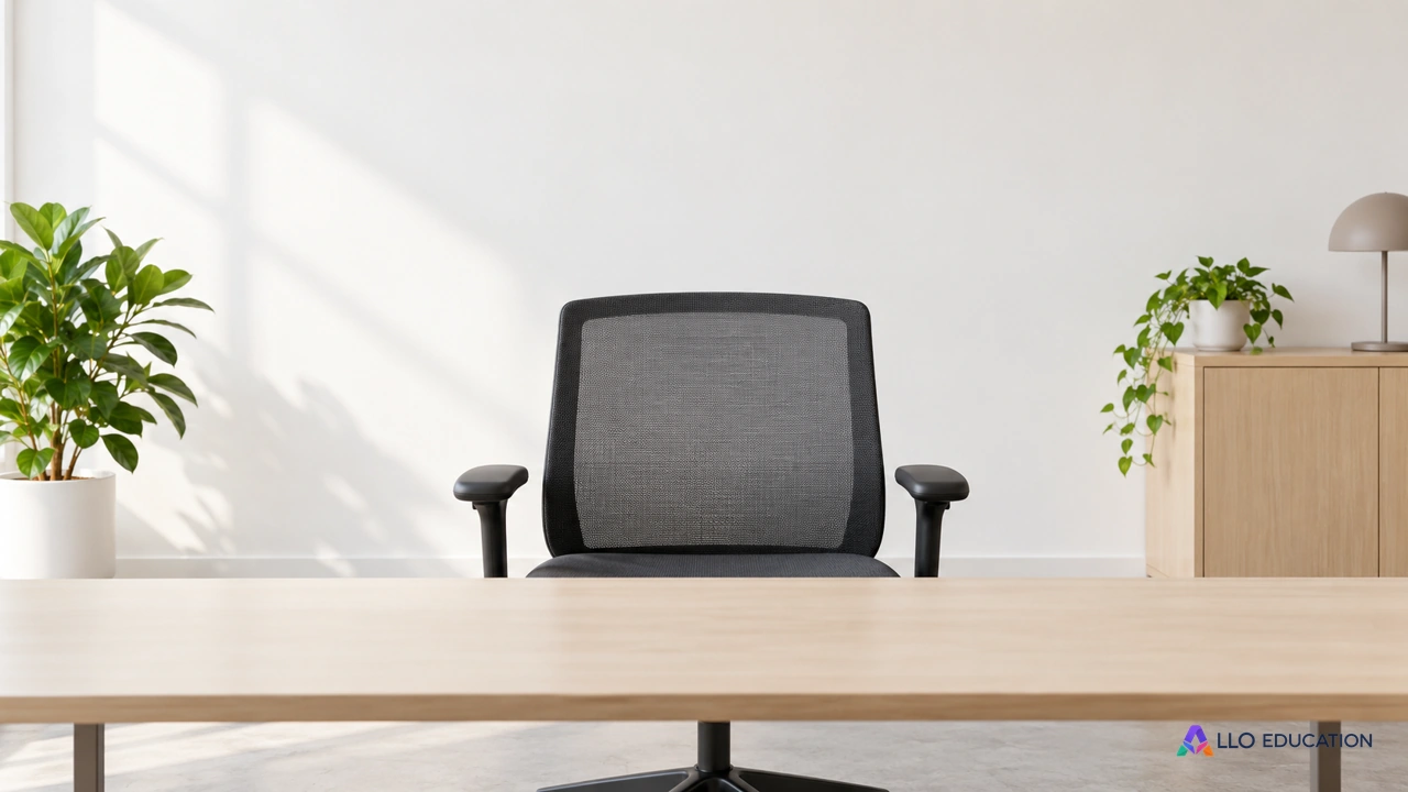 Une chaise de bureau vide devant une table claire, sans inscription, invite à se demander quelles informations manquent pour comprendre une situation de travail.