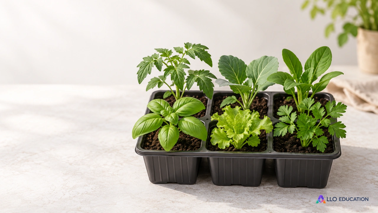 Une barquette de jeunes plants sans étiquettes, au centre d’un fond clair, annonce une vente à organiser.