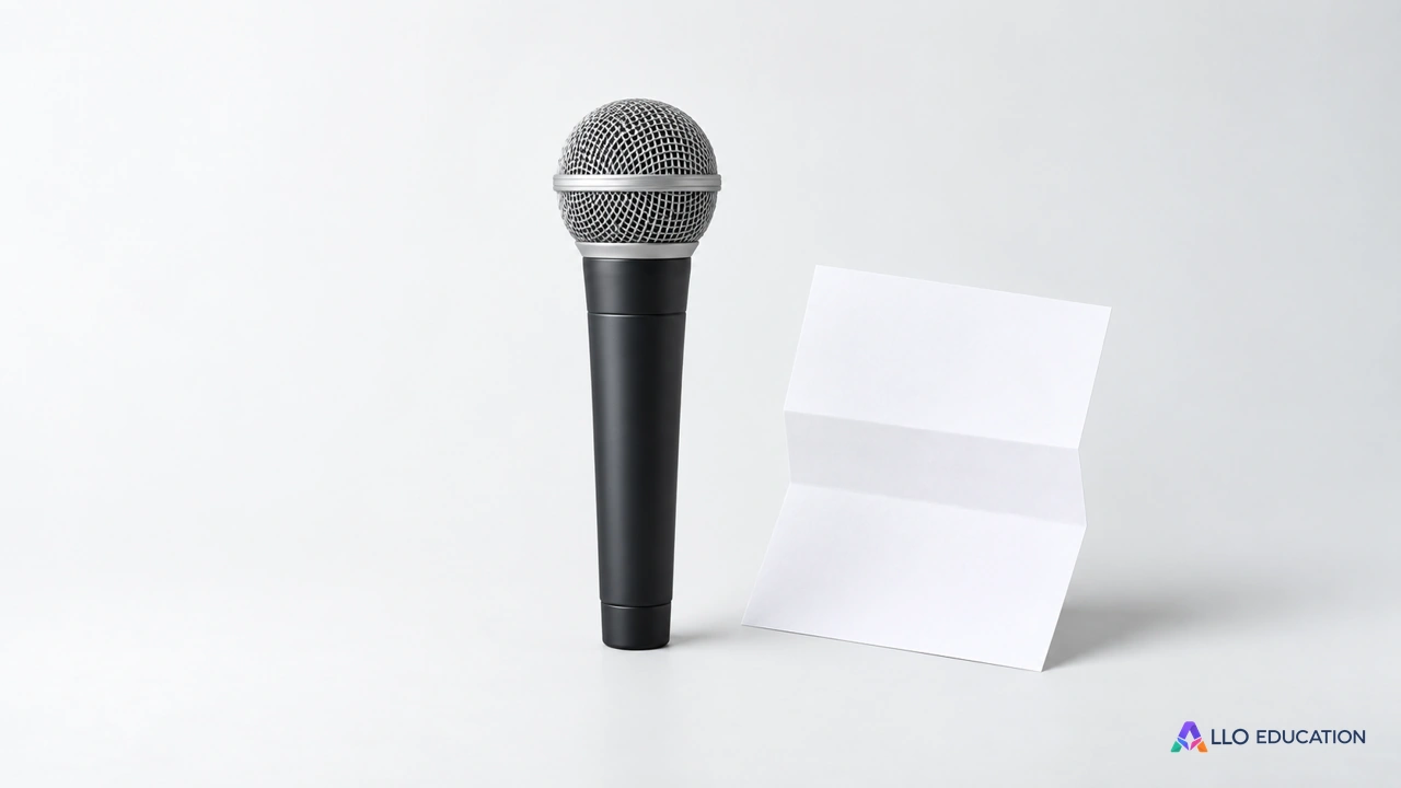 Un microphone uni et une feuille pliée entièrement blanche, objets isolés sur fond clair.