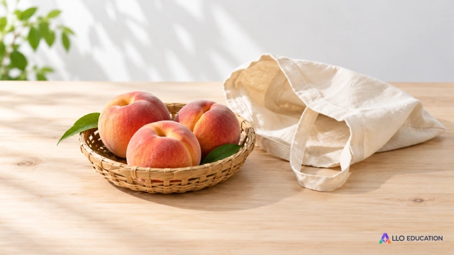 Des pêches dans un panier et un sac en toile sur une table claire.
