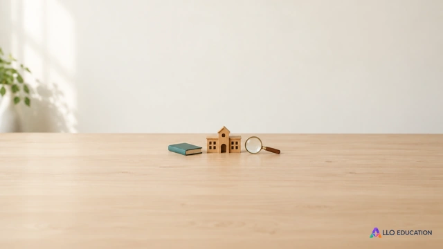 Un livre vert, une école miniature et une loupe posés sur une table claire.