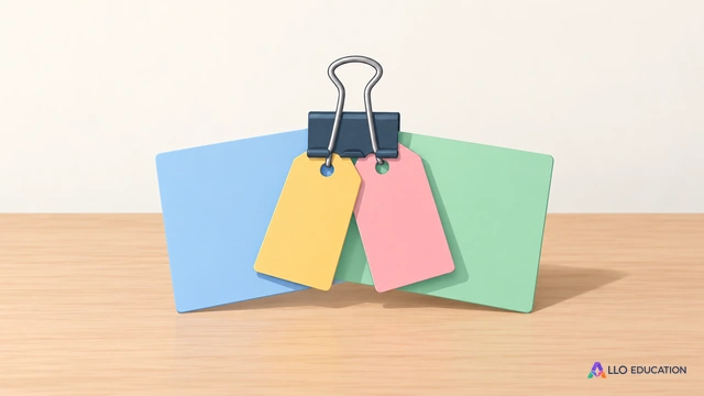 Des cartes et des tickets totalement vierges réunis par une pince évoquent des informations à relier.