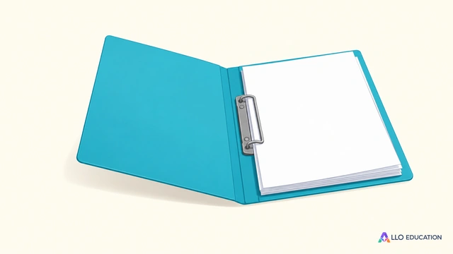 Un dossier bleu ouvert avec des feuilles vierges et une pince métallique, entier sur fond clair.