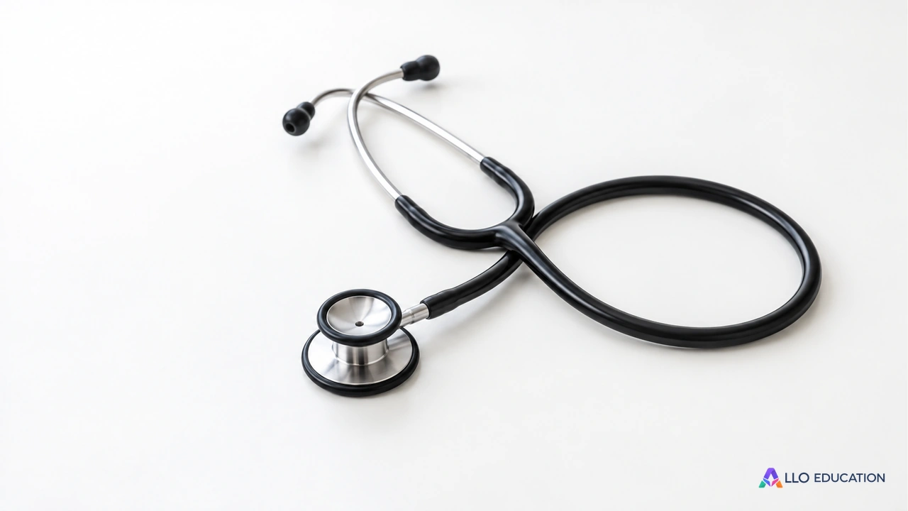 Un stéthoscope anonyme entier sur une table claire.